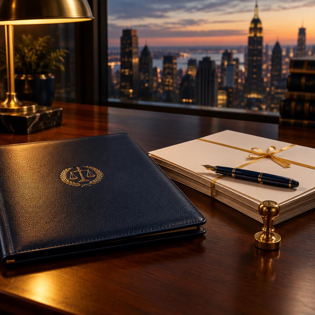 Portafolio de abogados con documentos oficiales y pluma sobre un escritorio en Nueva York