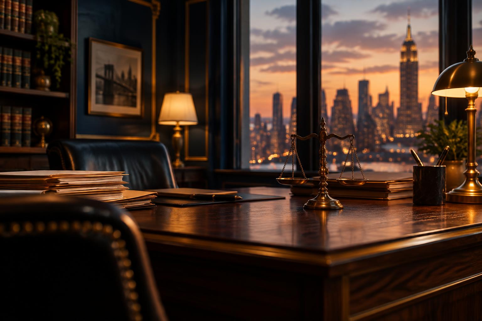 Oficina de abogados de inmigración en Nueva York con escritorio de madera y vista a la ciudad al atardecer